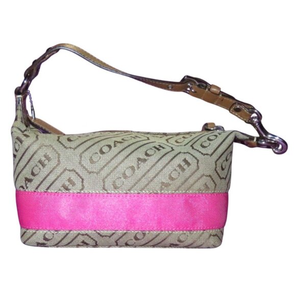 Coach Limited Edition Canvas Leather Pink Stripe Demi Baguette bag wristlet Set - Picture 2 of 10
